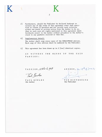 BOWLES, PAUL. Archive of 9 items, each Signed, to publisher Tim Hinterding: 6 Typed Letters * Brief Autograph Letter * Printed Document